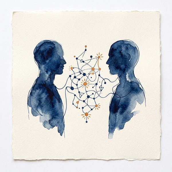 Deux silhouettes à l'encre bleue reliées par un réseau de points dorés